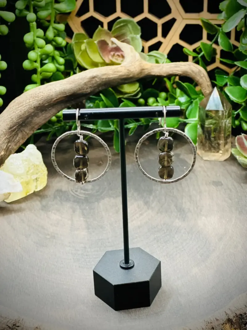 Daring Fine Silver Hoops with Smoky Quartz