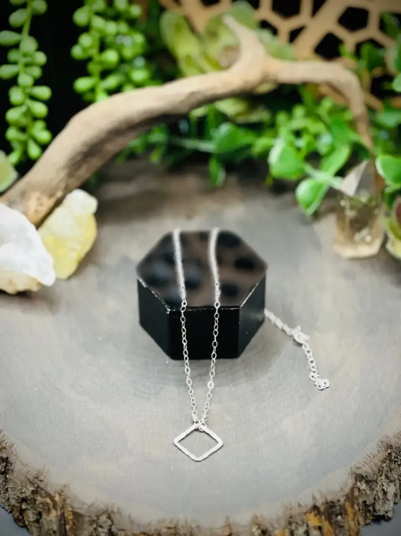 Small Fine Silver Diamond Shaped Hoop with Dainty Dapped Chain