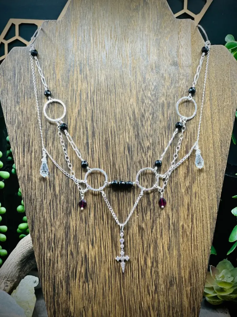 Six Elegant Hoops with CZ Sterling Silver Drop Cross, Onyx, Swarovski Crystals, & Garnets
