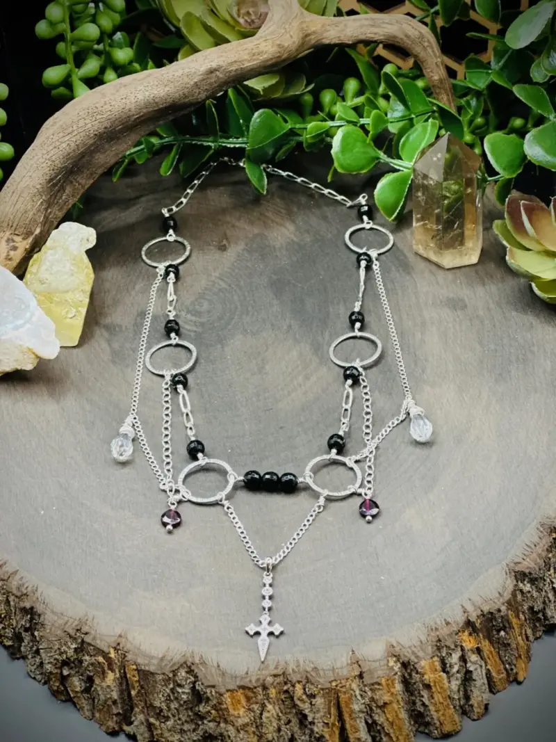 Six Elegant Hoops with CZ Sterling Silver Drop Cross, Onyx, Swarovski Crystals, & Garnets - Image 2