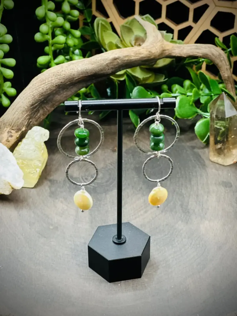 Two Geometric Round Earrings with Jade & Freshwater Pearls