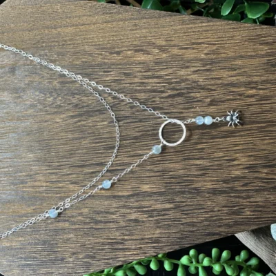 Fine Silver Small Round Y Necklace with Moonstones & Sterling Silver Spider