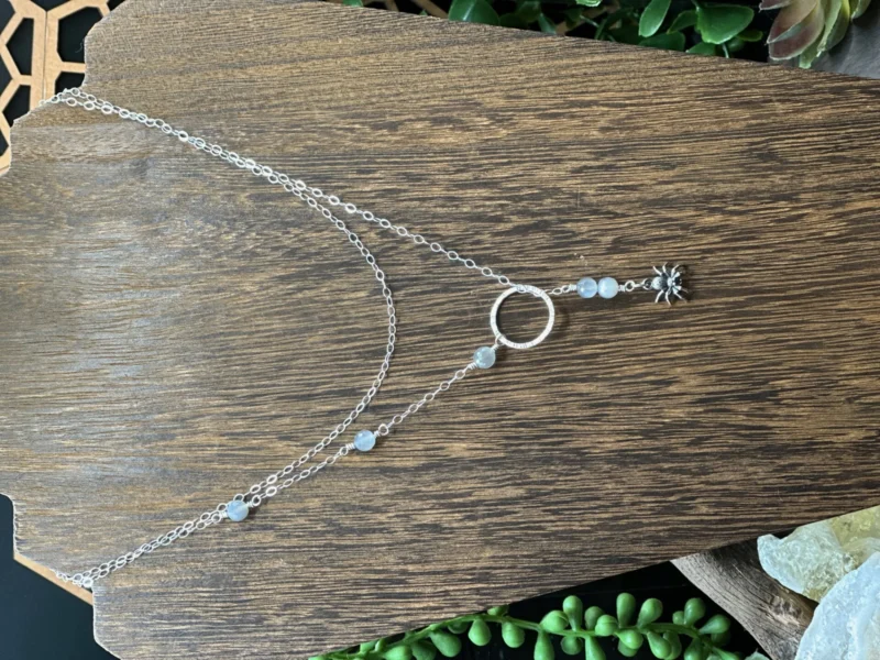 Fine Silver Small Round Y Necklace with Moonstones & Sterling Silver Spider