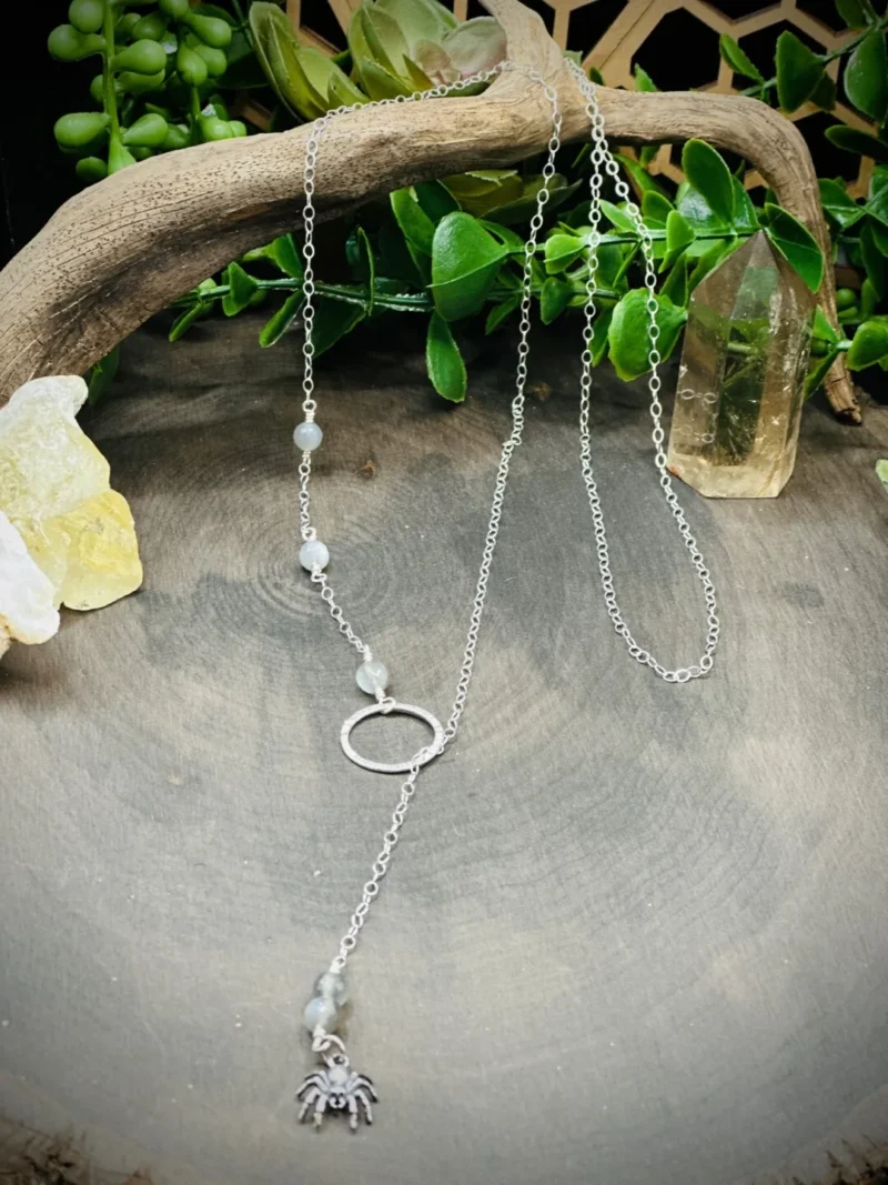 Fine Silver Small Round Y Necklace with Moonstones & Sterling Silver Spider - Image 3