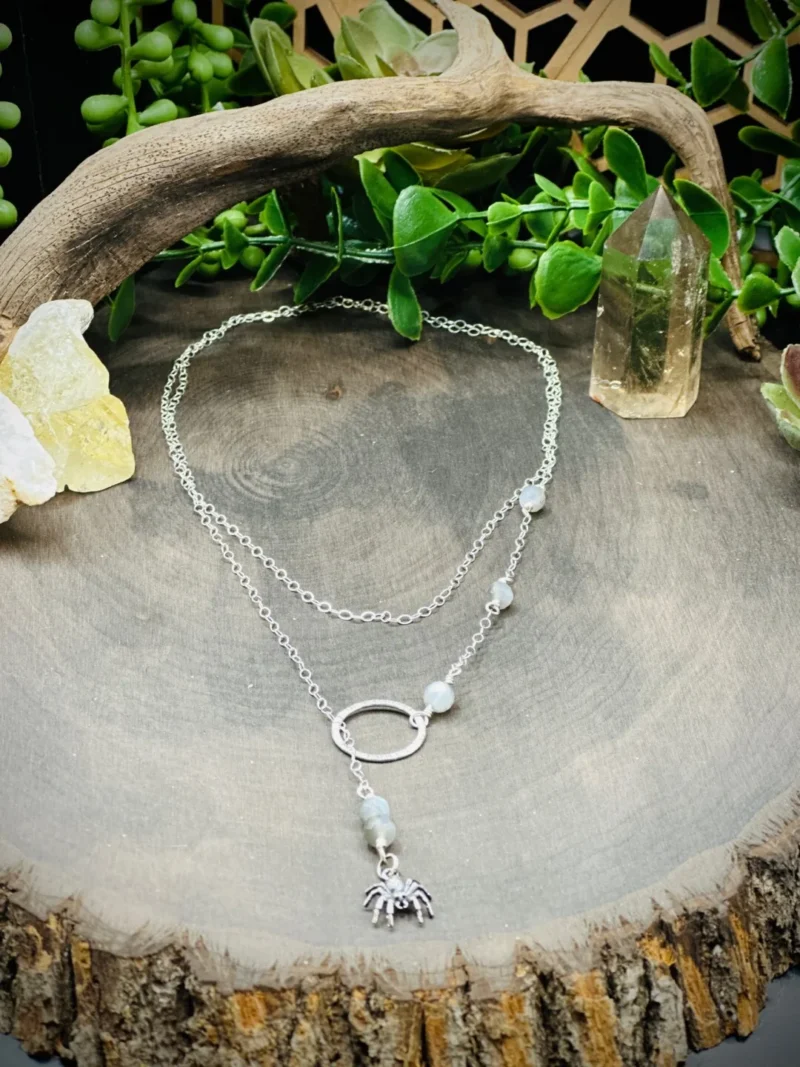 Fine Silver Small Round Y Necklace with Moonstones & Sterling Silver Spider - Image 2