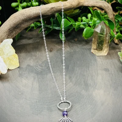 Small Fine Silver Round with Amethyst & Sterling Silver Spiderweb Choker