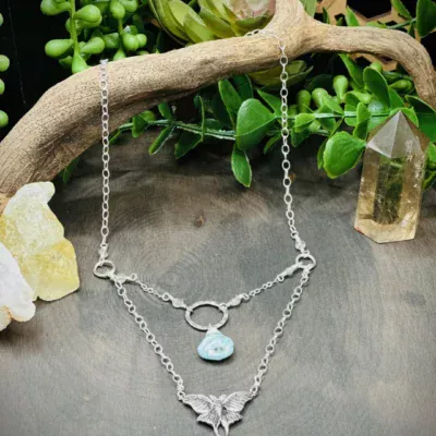 Three Elegant Hoop Necklace with Larimar, Labradorite & Sterling Silver Lunar Moth