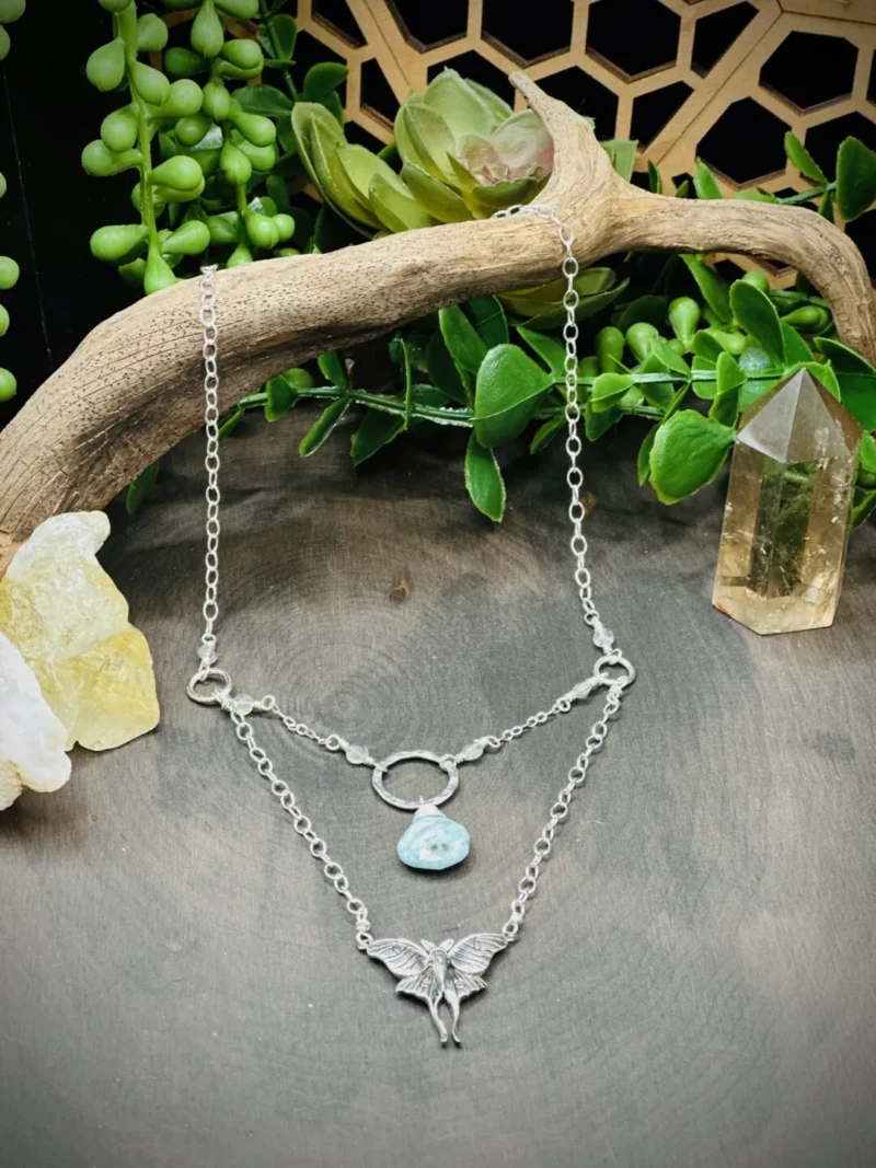 Three Elegant Hoop Necklace with Larimar, Labradorite & Sterling Silver Lunar Moth