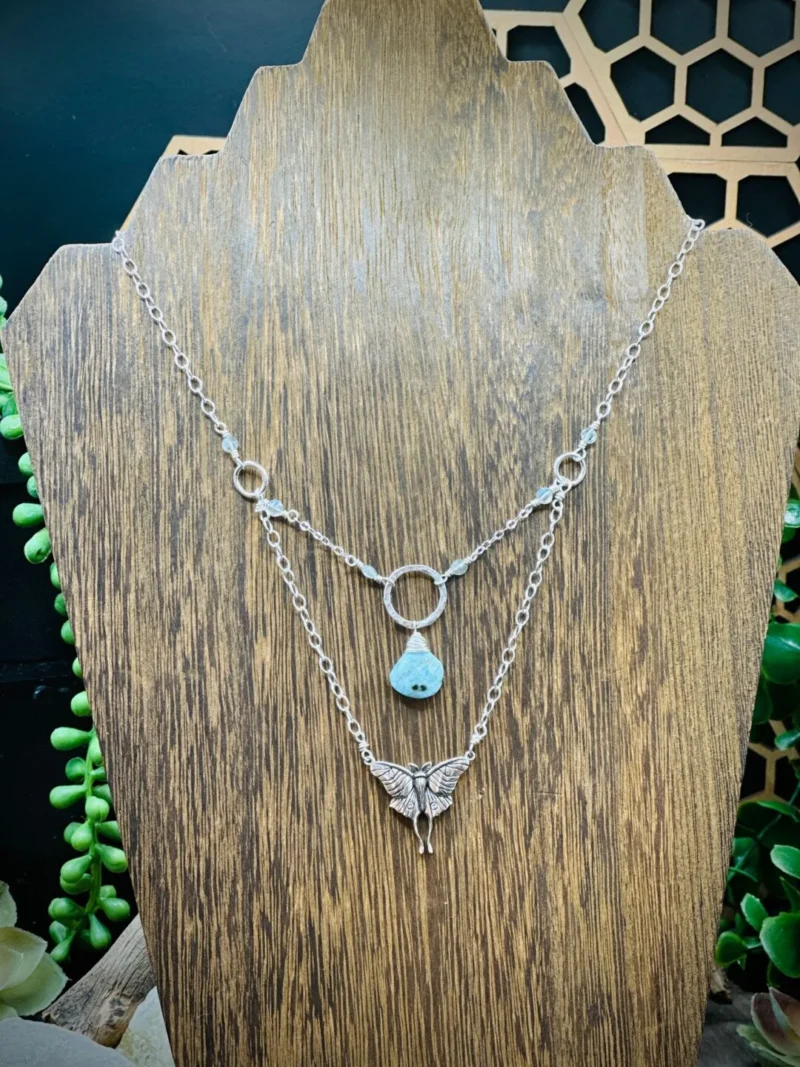 Three Elegant Hoop Necklace with Larimar, Labradorite & Sterling Silver Lunar Moth - Image 2