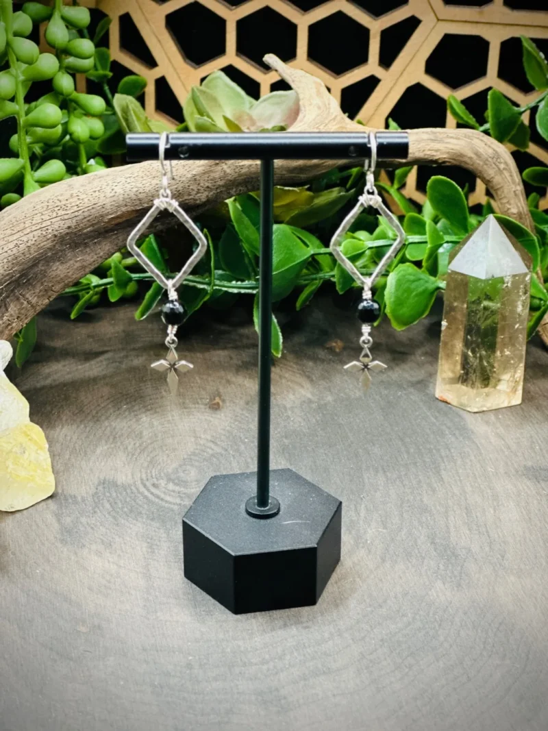 Dainty Diamond Shaped Hoops with Onyx & Sterling Silver Cross