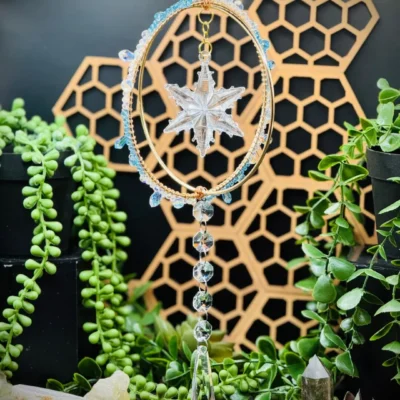 Double Gold Sun Catcher in Opalescent White, Light Blue, & Snowflake