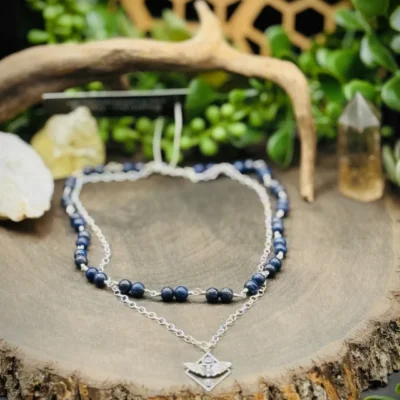 Lapis Double Necklace with Sterling Silver Moth Pendant