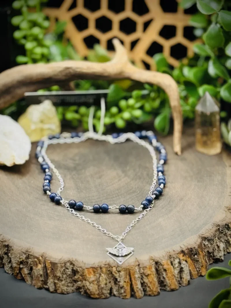 Lapis Double Necklace with Sterling Silver Moth Pendant