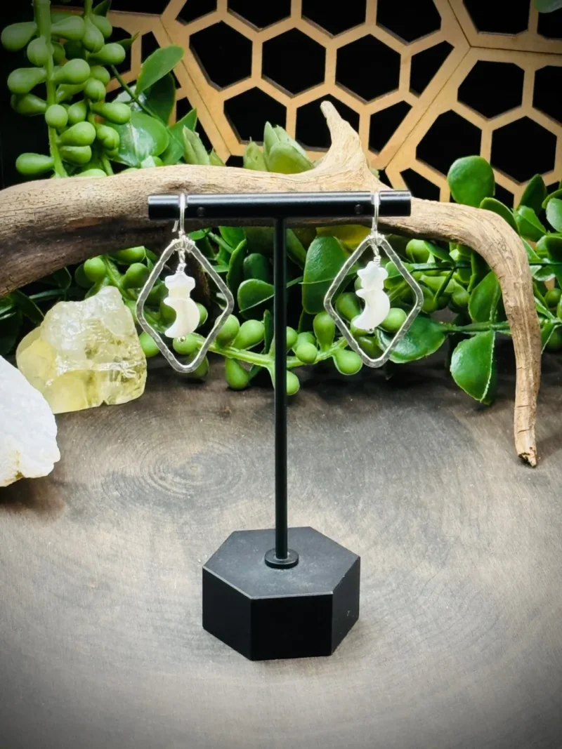 Classy Fine Silver Diamond Shaped Hoops with Mother of Pearl Moon & Stars