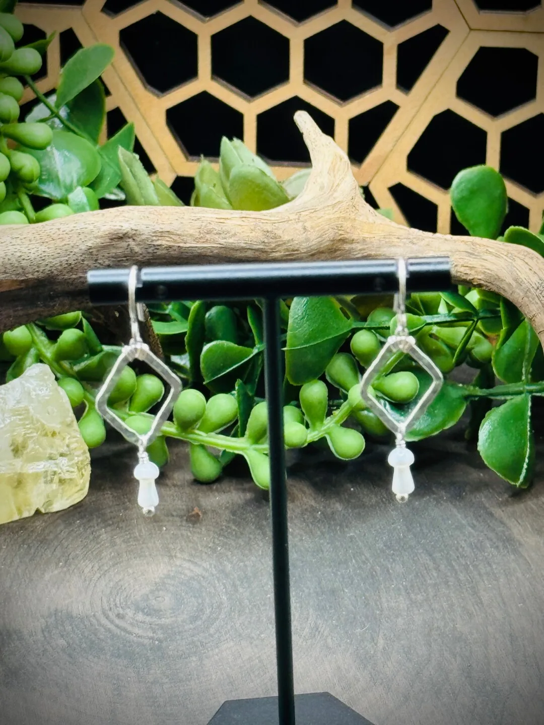 Dainty Diamond Shaped Hoops with Mother of Pearl Mushrooms