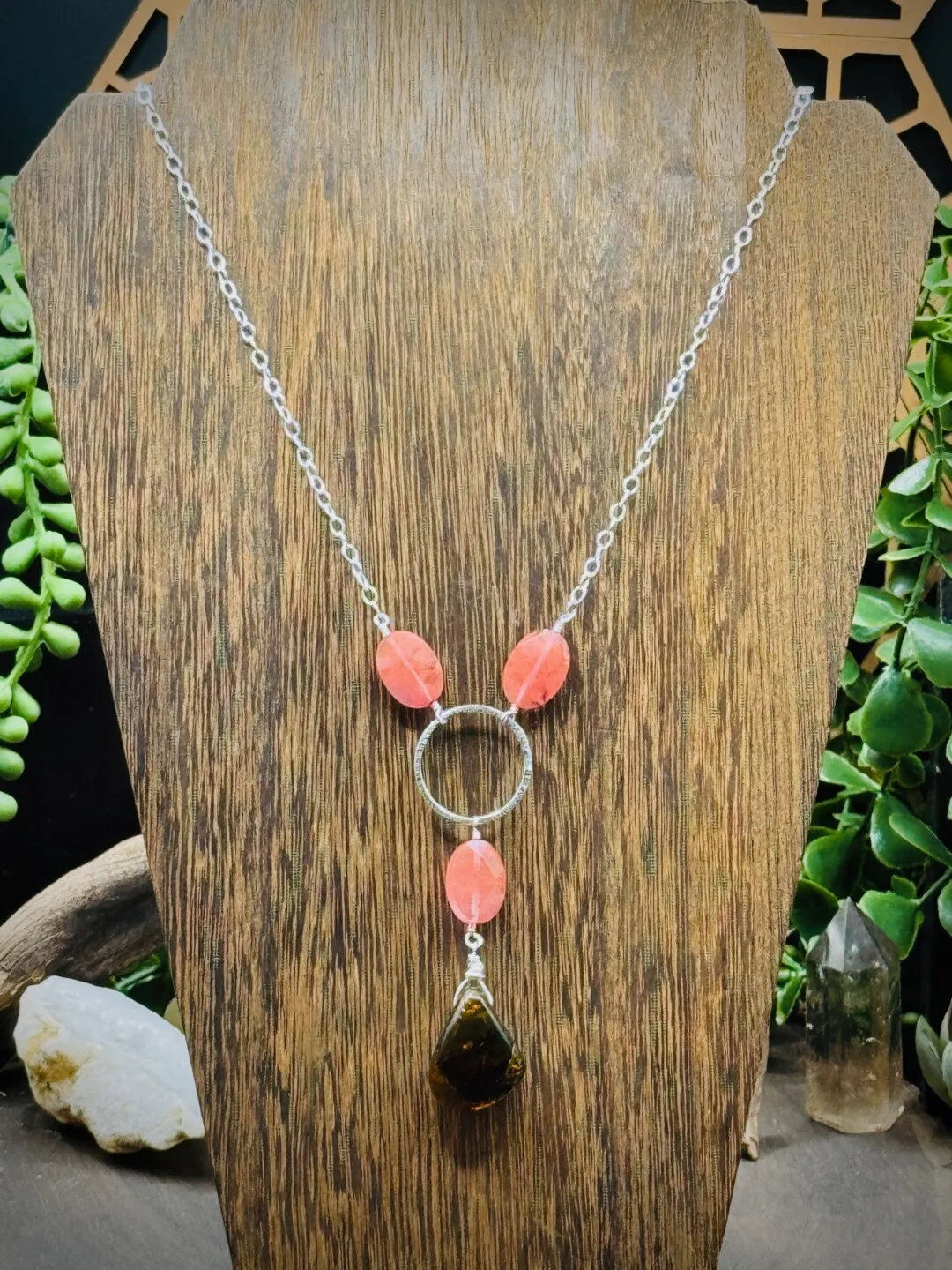 Fine Silver Necklace with Mexican Amber & Vintage Strawberry Quartz - Image 2