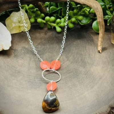 Fine Silver Necklace with Mexican Amber & Vintage Strawberry Quartz