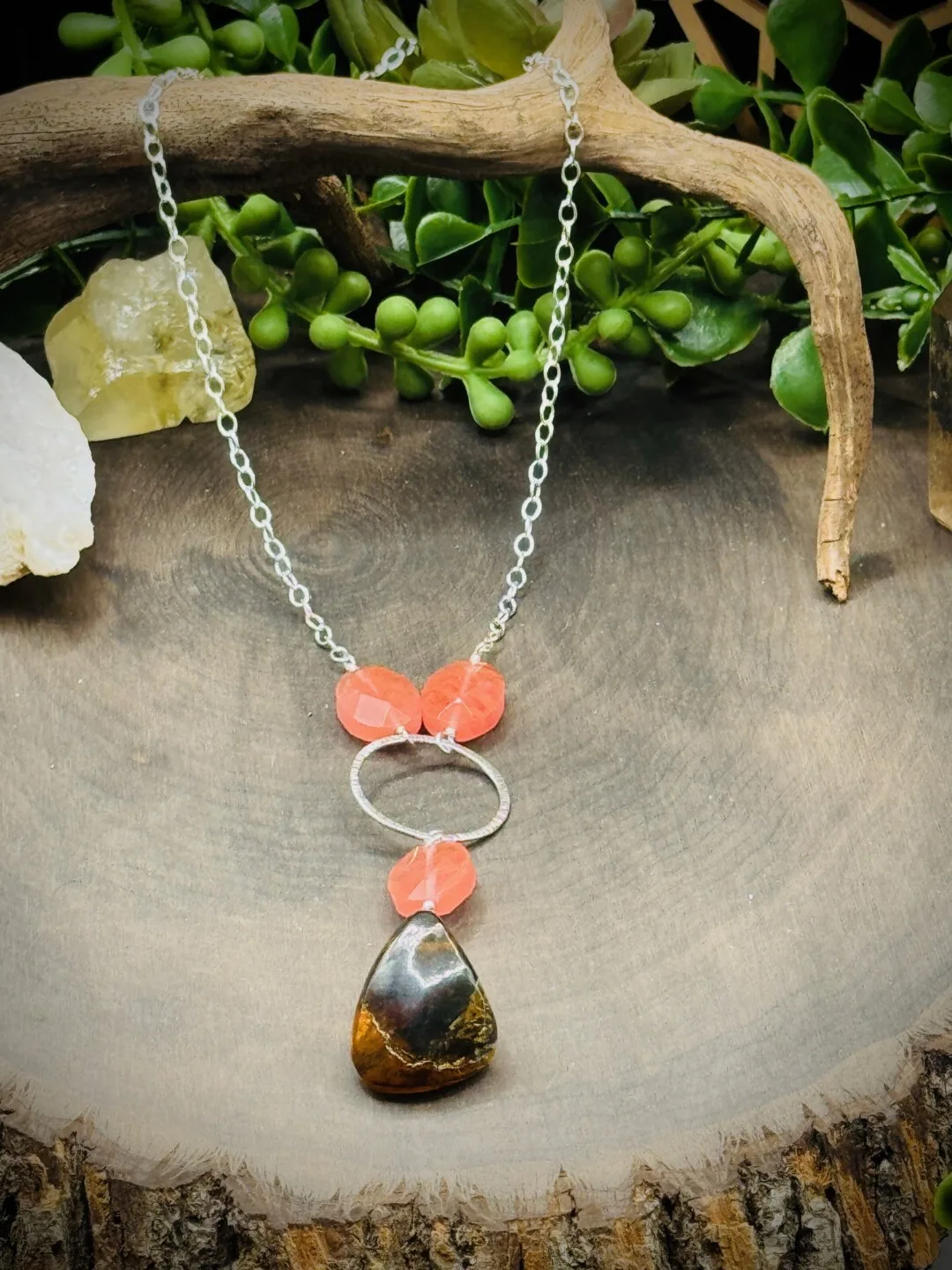 Fine Silver Necklace with Mexican Amber & Vintage Strawberry Quartz
