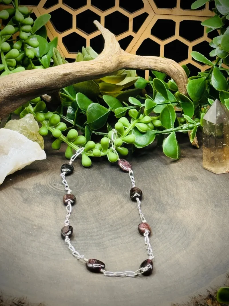 Paperclip Sterling Silver Necklace with Garnet Beads