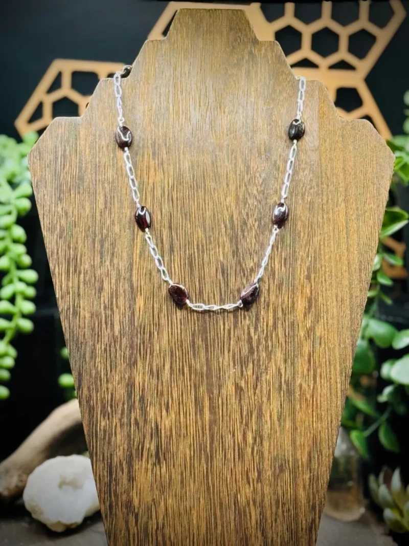 Paperclip Sterling Silver Necklace with Garnet Beads - Image 2