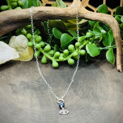 Small Fine Silver Round with Lapis & Sterling Silver Evil Eye