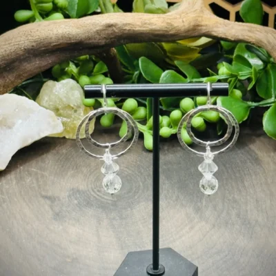 Two Geometric Round Earrings with Clear Quartz Crystals