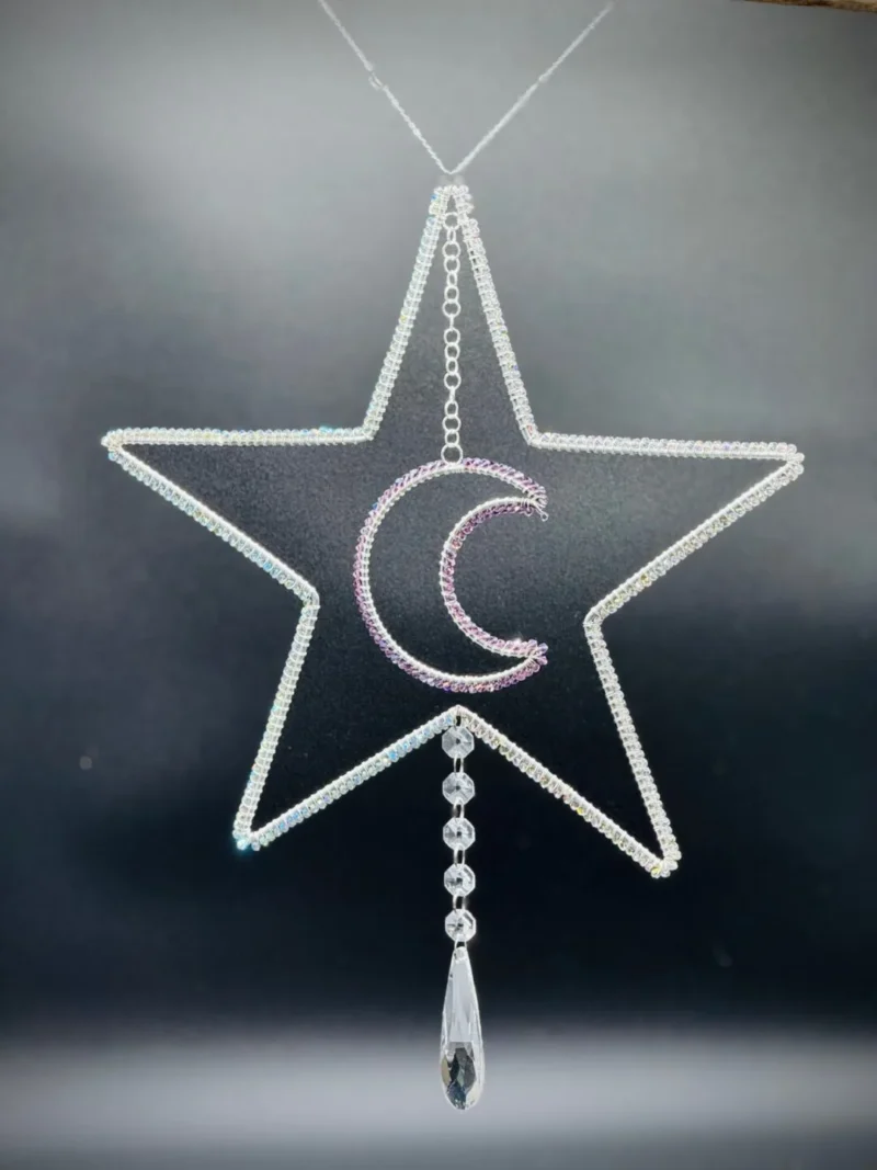 Driftwood Double Silver Sun Catcher with Star and Moon in Blueish Silver & Purple