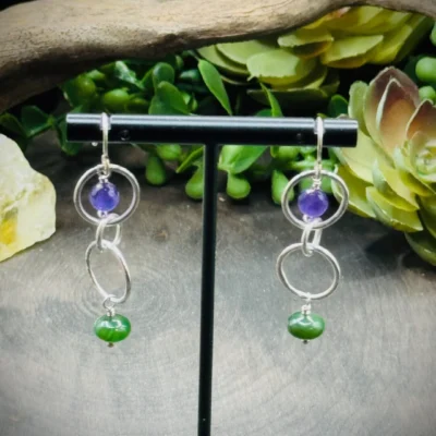 Three Elegant Round Earrings with Amethyst & Jade