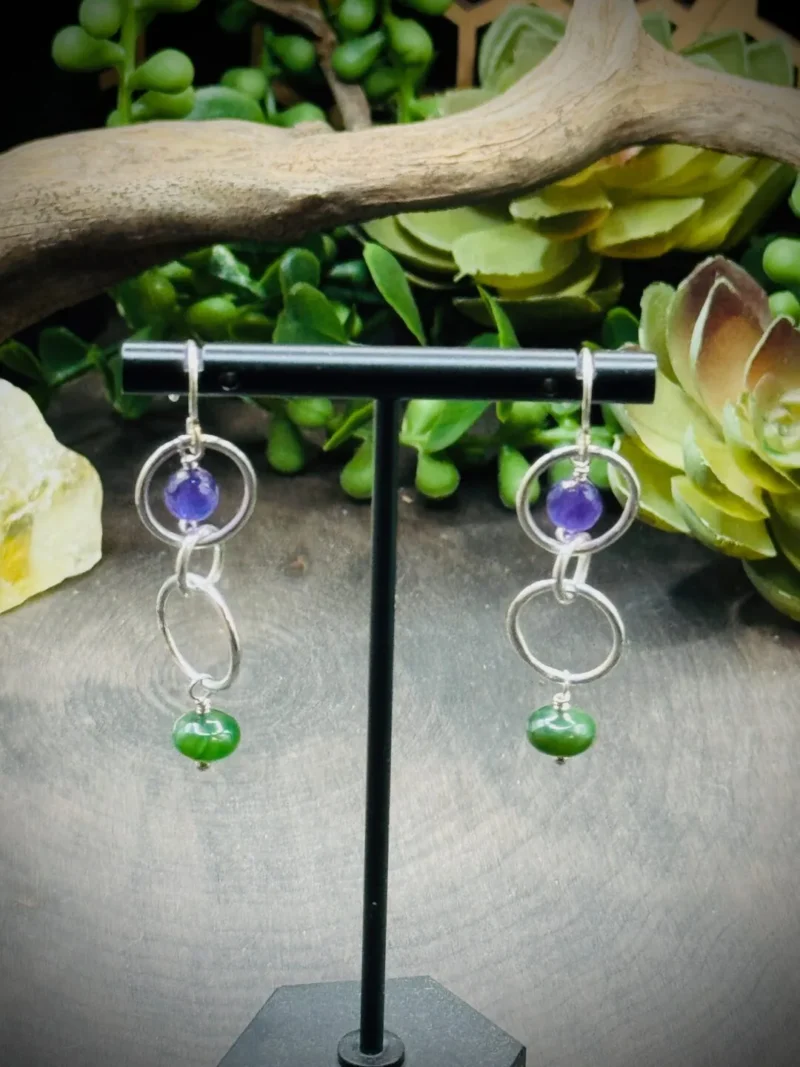 Three Elegant Round Earrings with Amethyst & Jade