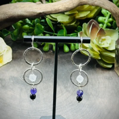 Three Elegant Round Earrings with Quartz, Amethyst, & Onyx