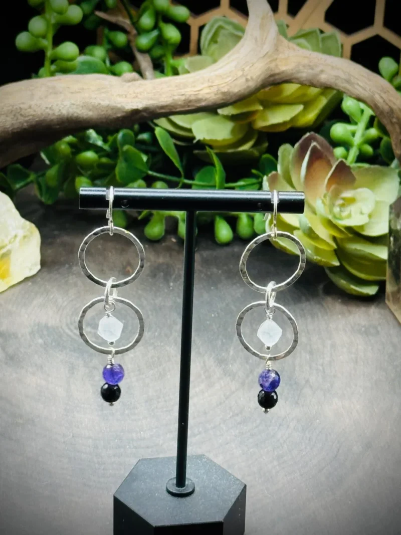 Three Elegant Round Earrings with Quartz, Amethyst, & Onyx