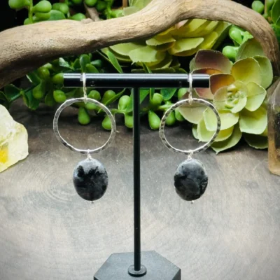 Classy Fine Silver Hoops with Larvikite Beads