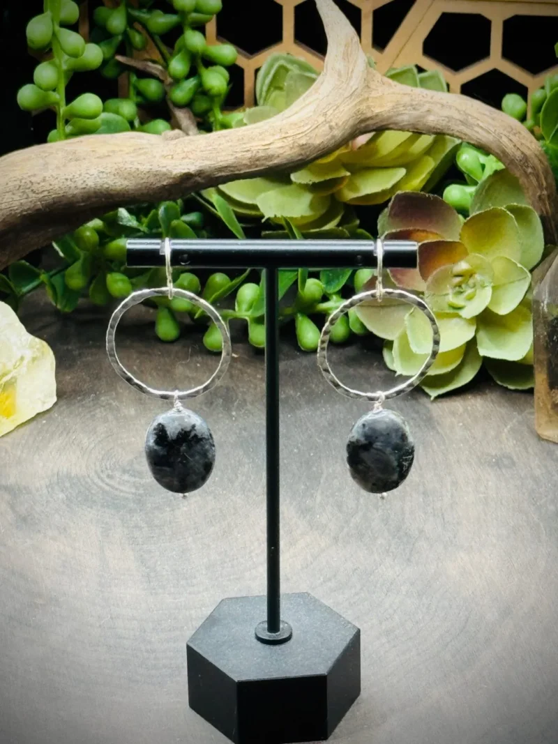 Classy Fine Silver Hoops with Larvikite Beads