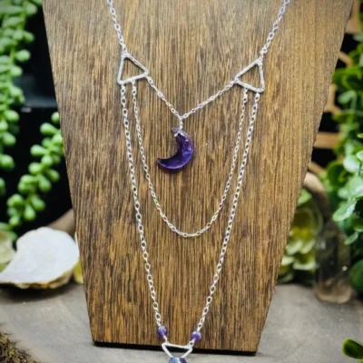 Three Triangle Shaped Hoops Long Necklace with Amethyst