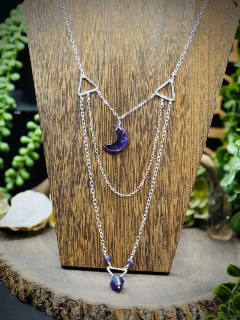 Three Triangle Shaped Hoops Long Necklace with Amethyst