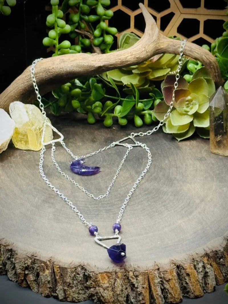 Three Triangle Shaped Hoops Long Necklace with Amethyst - Image 2
