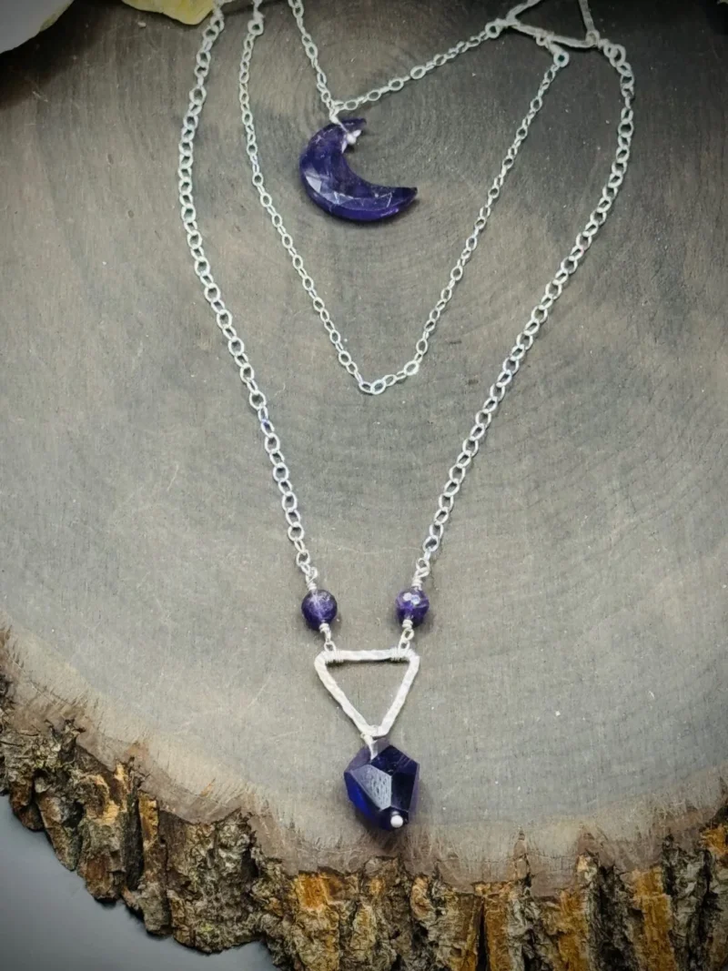 Three Triangle Shaped Hoops Long Necklace with Amethyst - Image 3
