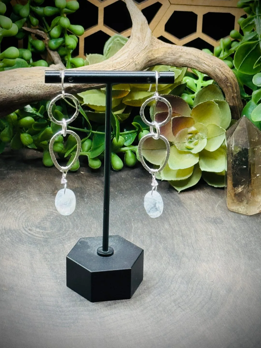 Three Geometric Round Earrings with Oval Moonstones