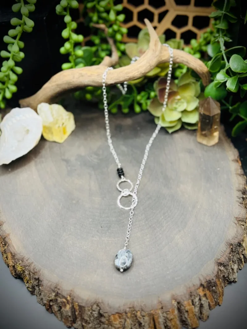 Three Elegant Fine Silver Small Rounds Y Necklace with Larvikite & Onyx