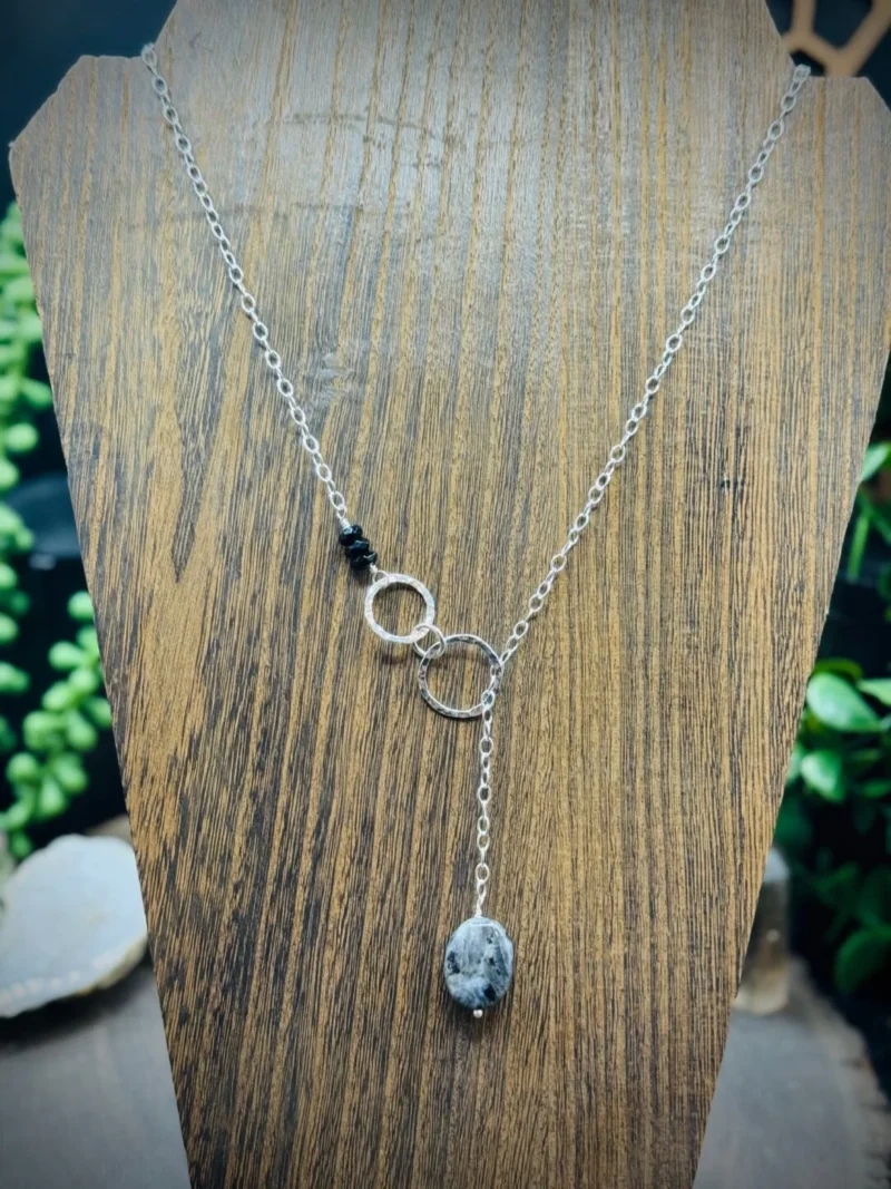 Three Elegant Fine Silver Small Rounds Y Necklace with Larvikite & Onyx - Image 2