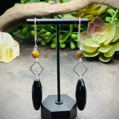 Diamond Shaped Fine Silver, Marquise Ear Wires with Tigers Eye and Onyx