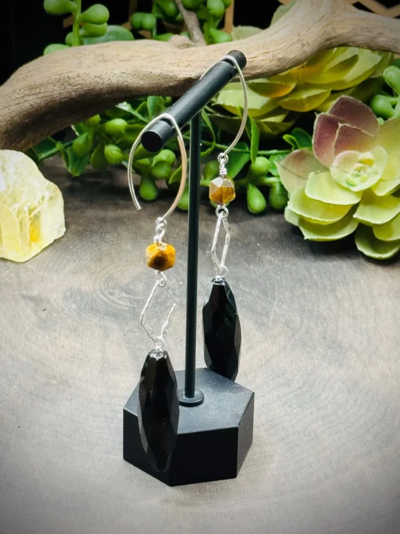 Diamond Shaped Fine Silver, Marquise Ear Wires with Tigers Eye and Onyx - Image 2