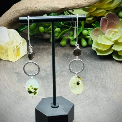 Fine Silver Round, Marquise Ear Wires with Smoky Quartz & Prehnite