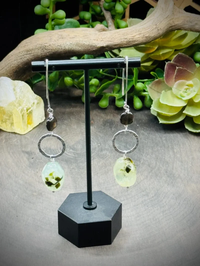 Fine Silver Round, Marquise Ear Wires with Smoky Quartz & Prehnite