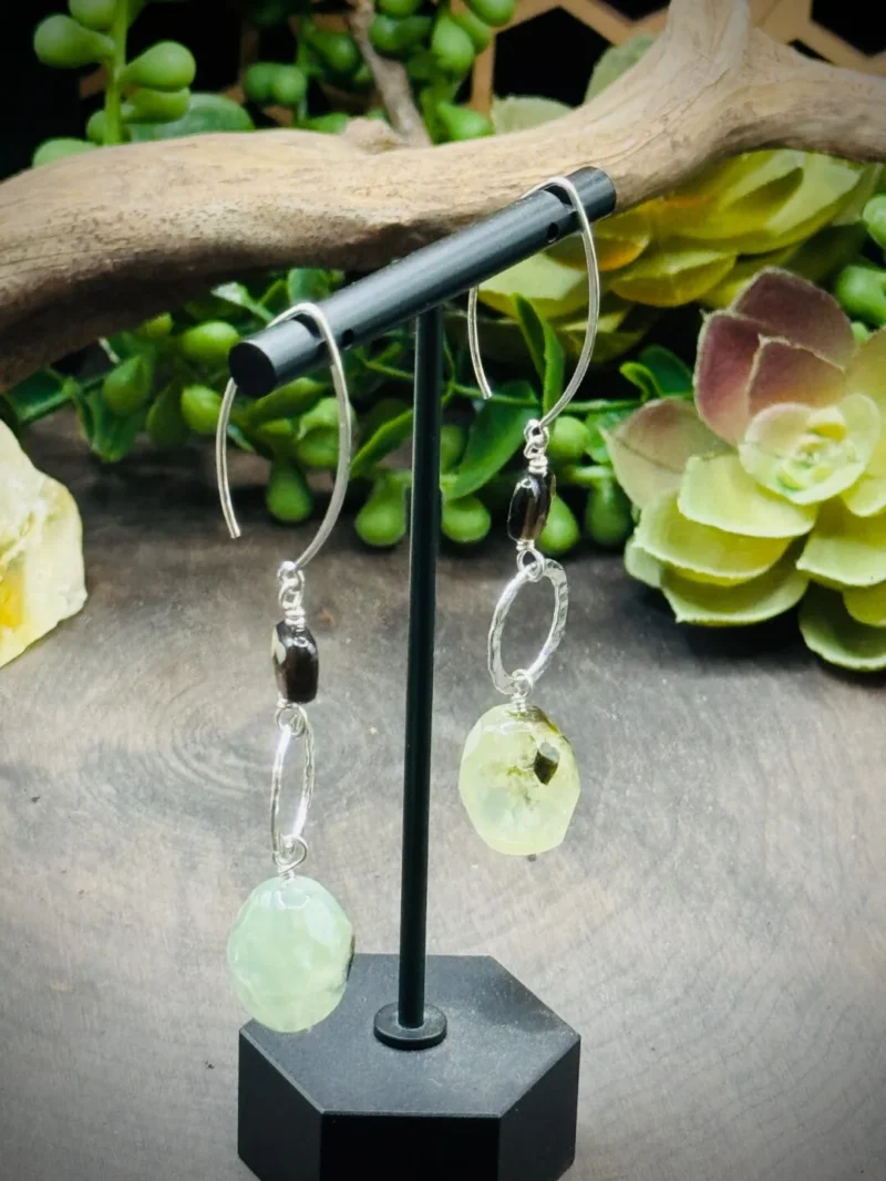 Fine Silver Round, Marquise Ear Wires with Smoky Quartz & Prehnite - Image 2