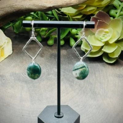 Dainty Diamond Shaped Hoops with Moss Agate
