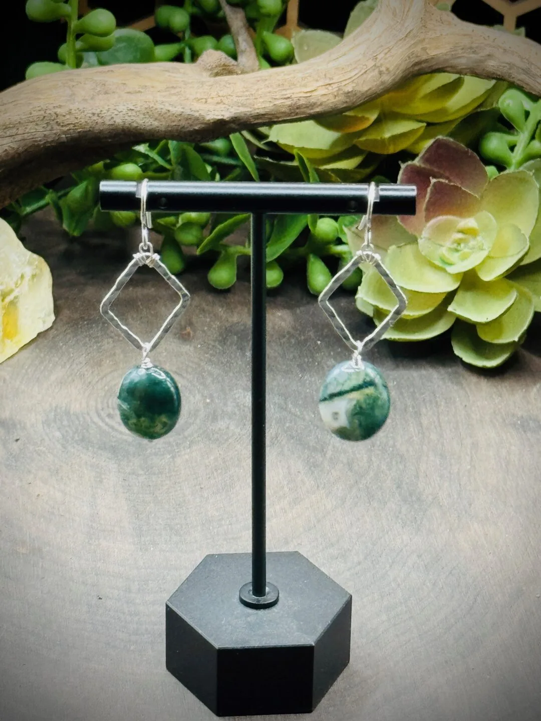Dainty Diamond Shaped Hoops with Moss Agate