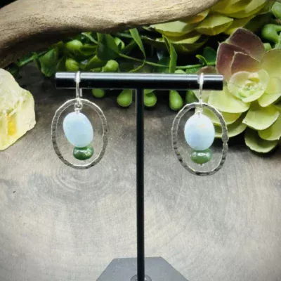 Classy Fine Silver Oval Hoops with Aquamarine and Jade