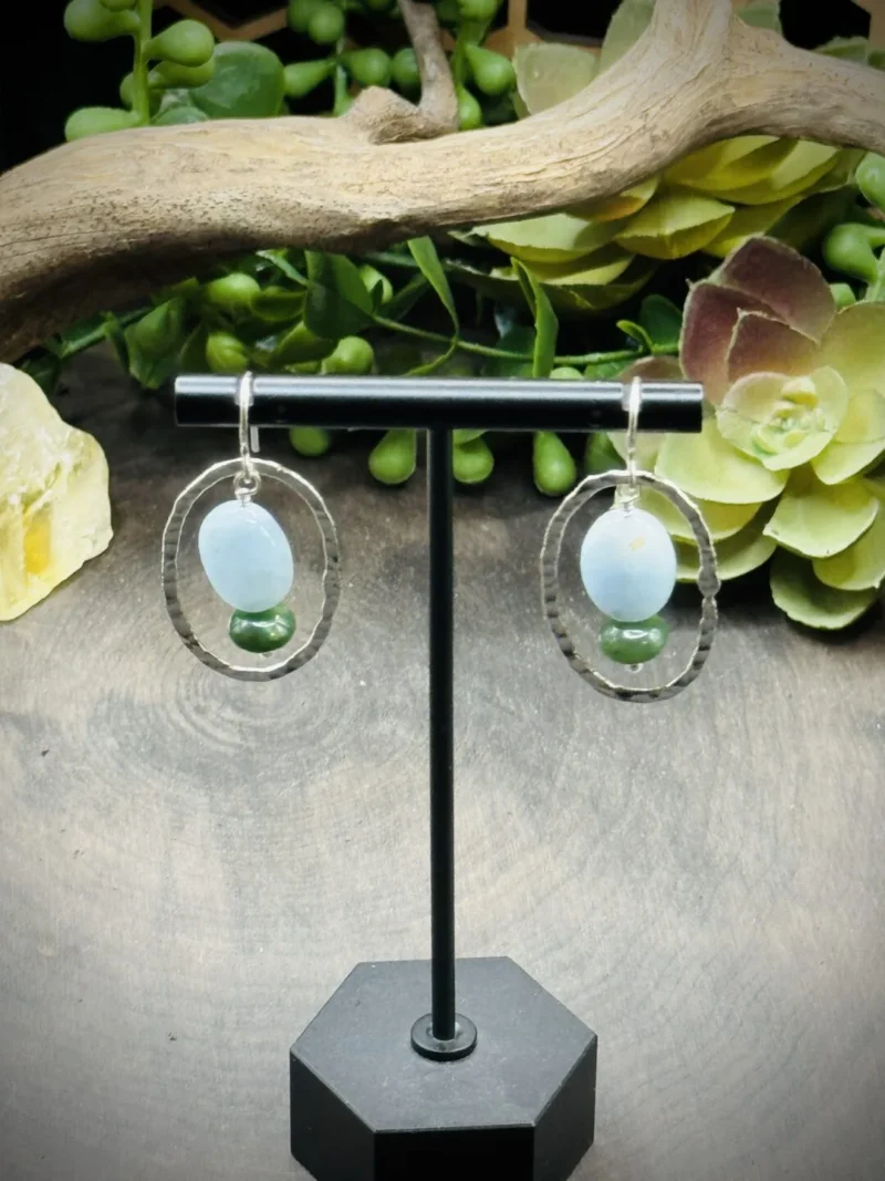 Classy Fine Silver Oval Hoops with Aquamarine and Jade
