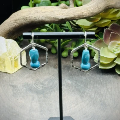 Classy Fine Silver Honeycomb Hoops with Turquoise
